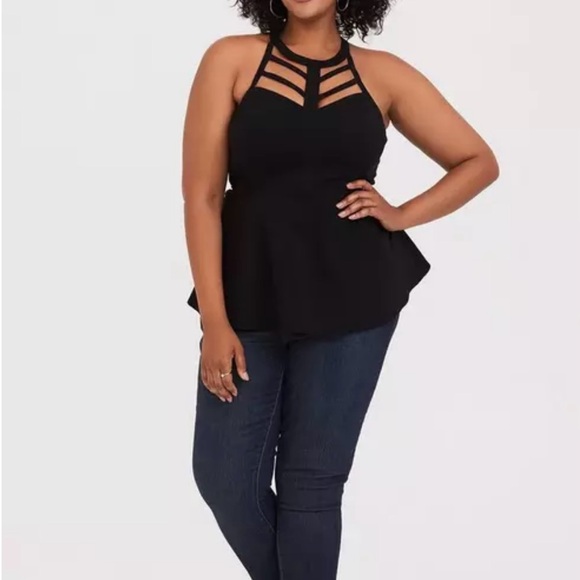 Black Bengaline Caged High Neck Peplum Top - Picture 3 of 8